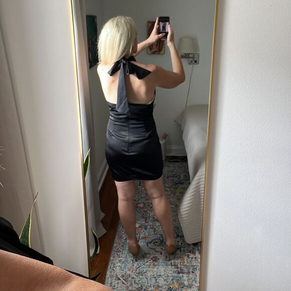 Bardot Dress Womens XL Black Minidress Halter Cross Over‎ Ruched - Picture 6 of 12